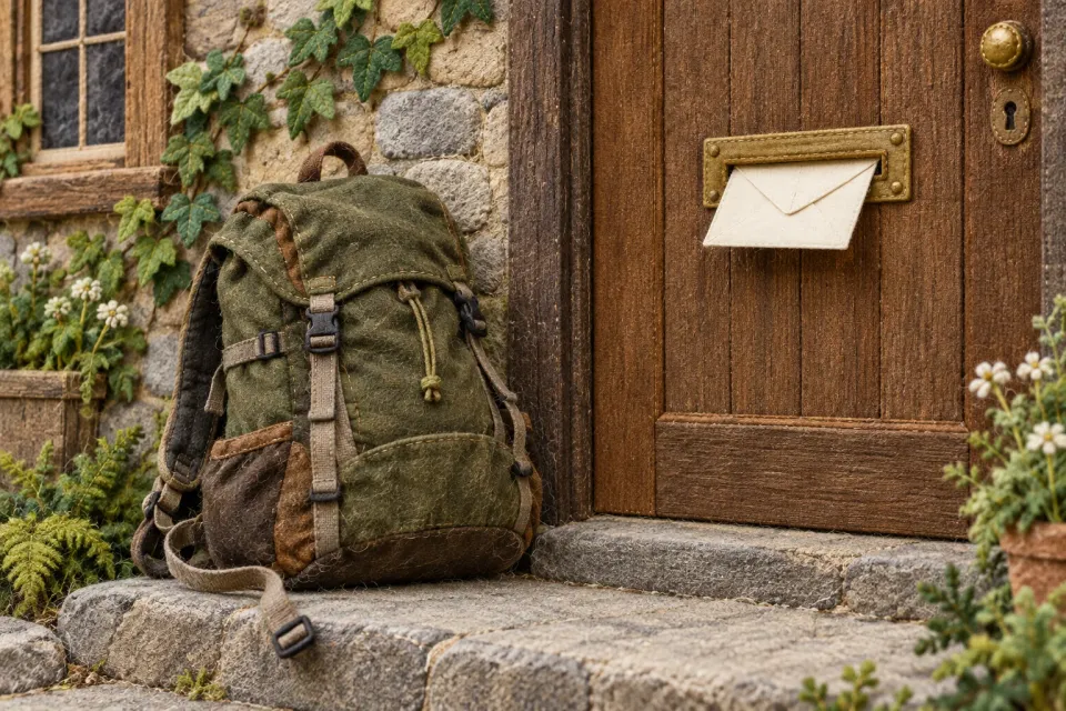 Editorial illustration: A green hiking backpack beside a closed wooden door with a blank envelope in its letter slot, rendered in fabric.