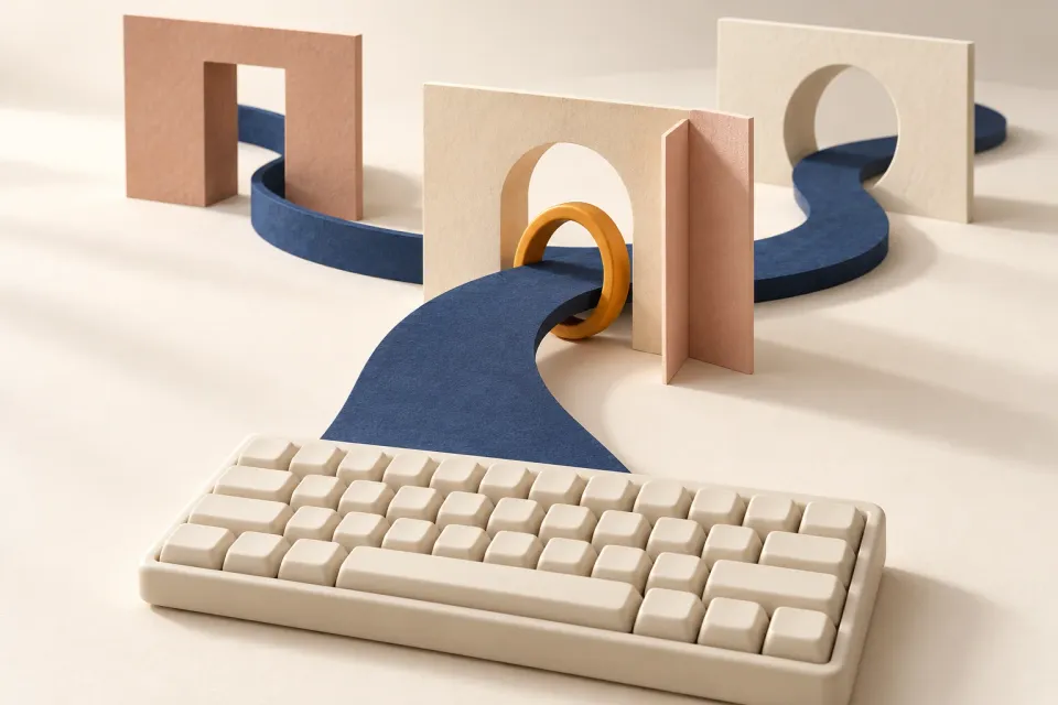 Editorial illustration: A blank keyboard leads to a blue strip through paper doorways, with a yellow ring at the middle opening.
