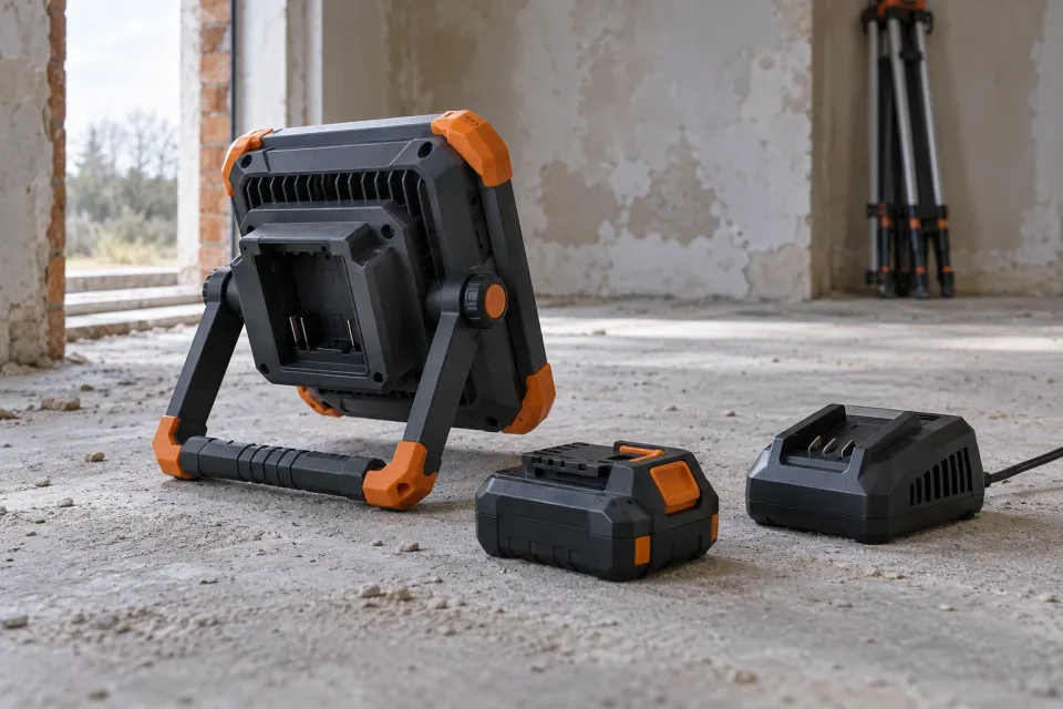 Editorial illustration: A work light with an empty battery mount stands beside a detached battery and charger, with a folded tripod in the background.