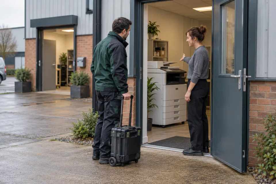 Editorial illustration: A technician with a tool case meets an employee pointing to a copier inside a branch office entrance.