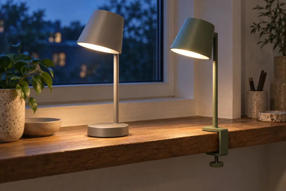 Editorial illustration: A lamp with a round base and a clamp-mounted lamp share a narrow wooden surface with no visible cables.
