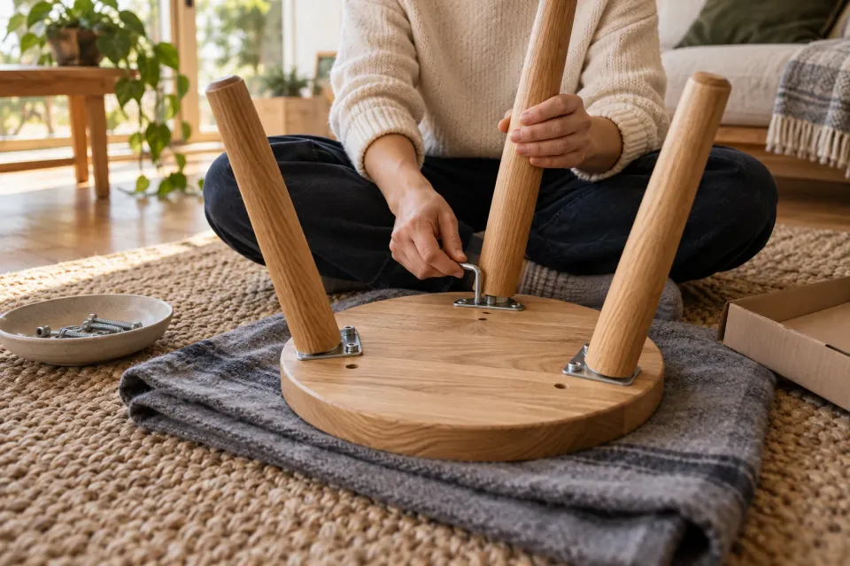 Illustration: a person attaching a wooden stool leg with a hex key.