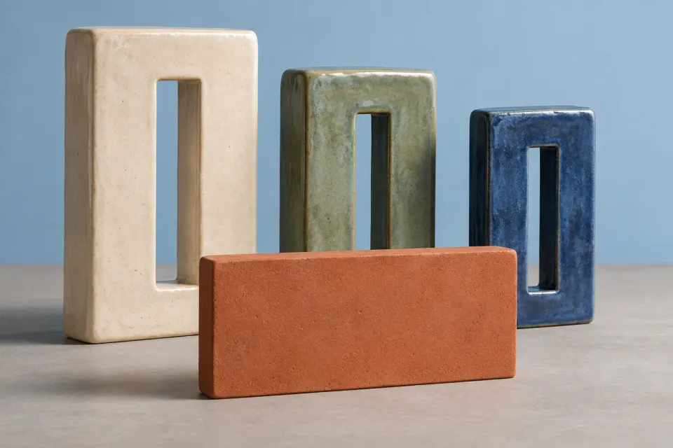 Editorial illustration: Three ceramic frames with narrow openings stand behind a wide terracotta rectangle.