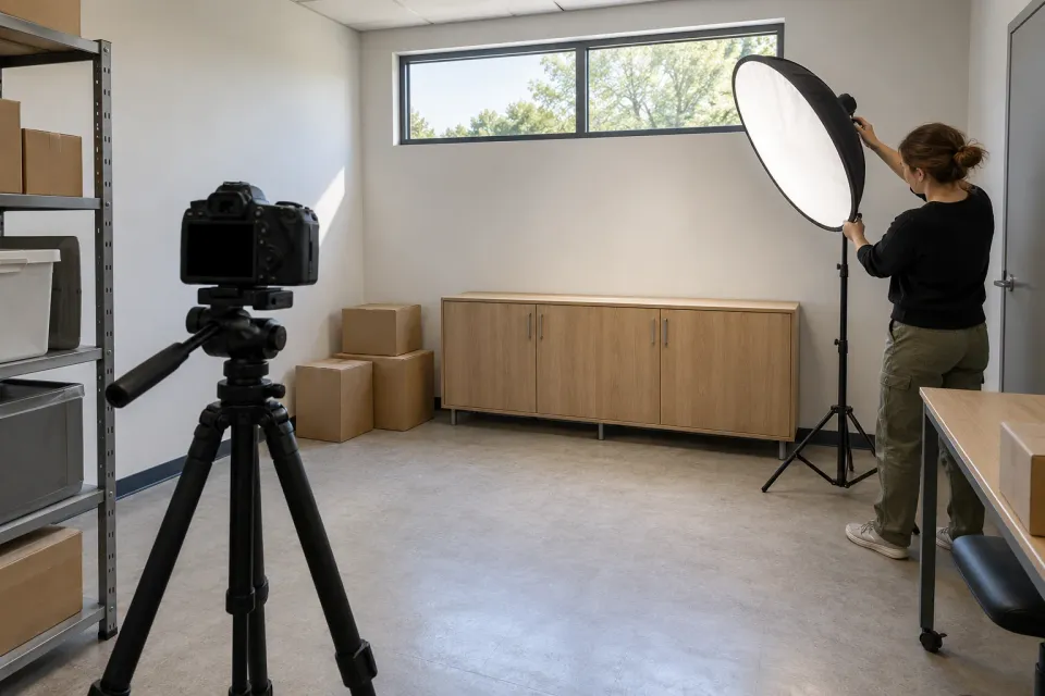 Editorial illustration: A tripod-mounted camera faces a storage cabinet while a person adjusts photography lighting.