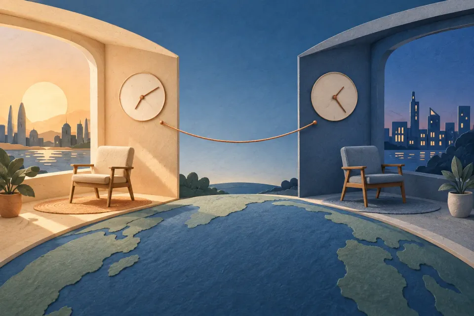 Editorial illustration: Two rooms with chairs and numeral-free clocks, linked by a thread between daylight and evening.