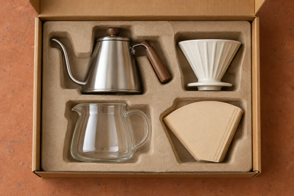 Editorial illustration: A pouring kettle, dripper, glass jug and paper filters sit in separate compartments of an open box.