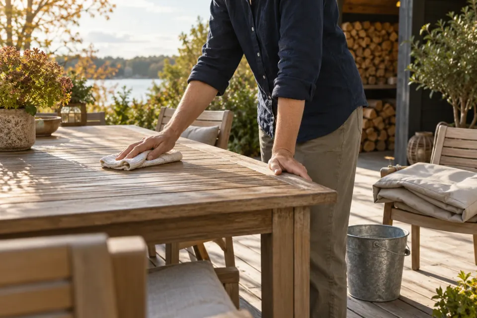 Illustration: a person wiping a garden table with a soft cloth.