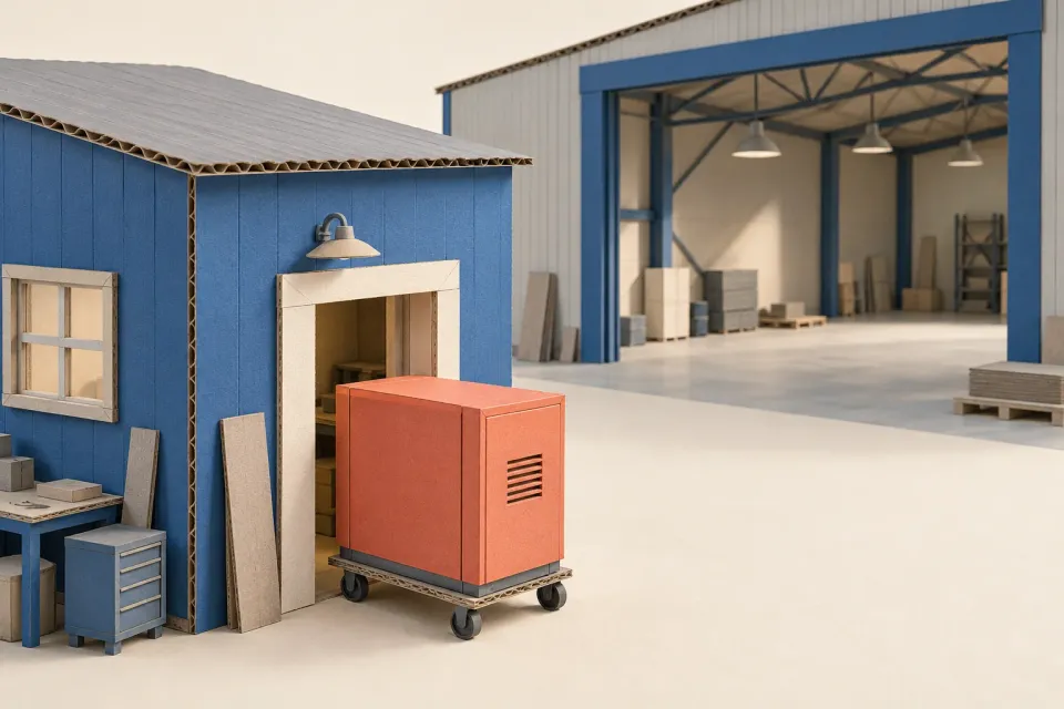 Editorial illustration: A coral machine on a dolly stands by a narrow doorway in a paper model, with a spacious industrial hall behind.