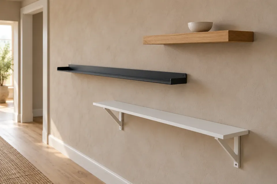 Editorial illustration: Three wall shelves in oak, black metal and bracketed white finish on a pale wall.