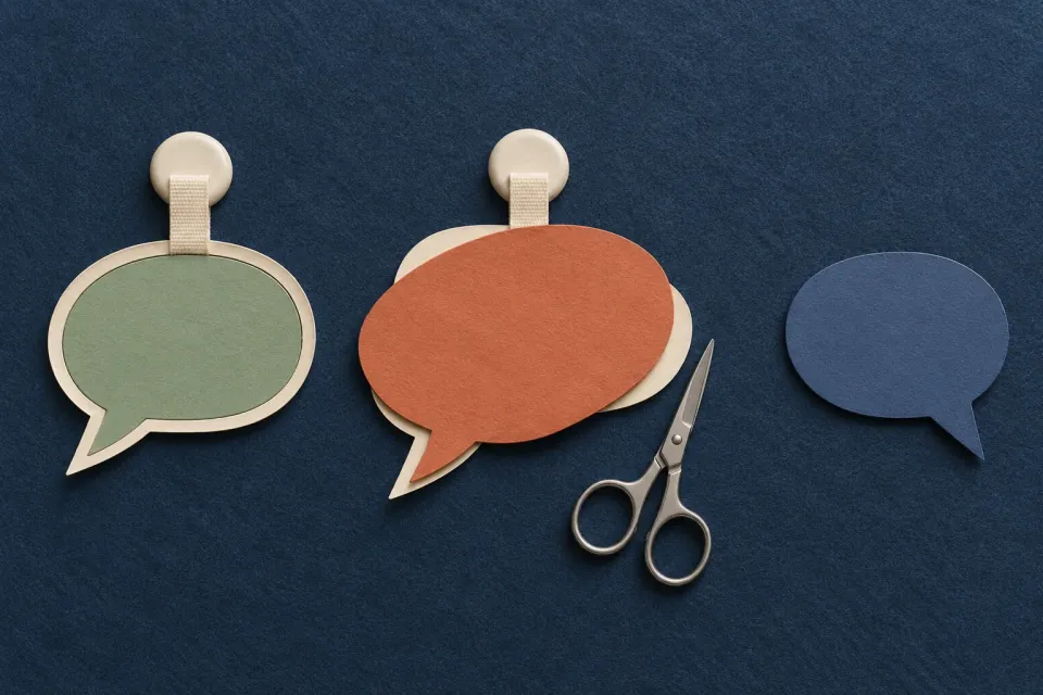 Editorial illustration: Three paper speech bubbles show a fitted shape, an overlapping shape beside scissors and a separate shape.
