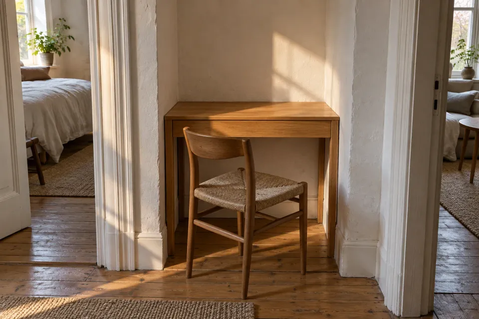Editorial illustration: A narrow wooden desk and chair fit between two walls in a small alcove.