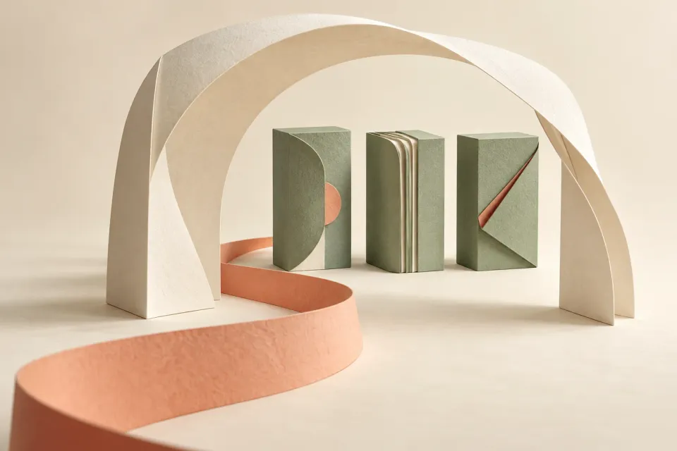 Editorial illustration: A pale paper arch and a curved strip lead toward three green forms with different folds.