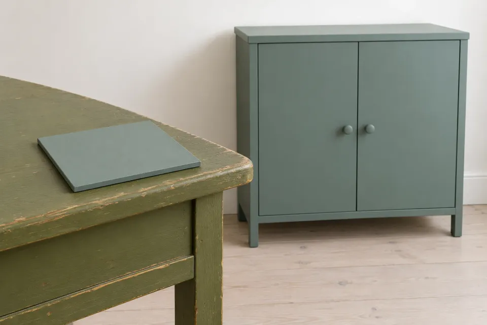 Editorial illustration: A blue-green colour sample lies on an older olive-green table beside a blue-green cabinet.
