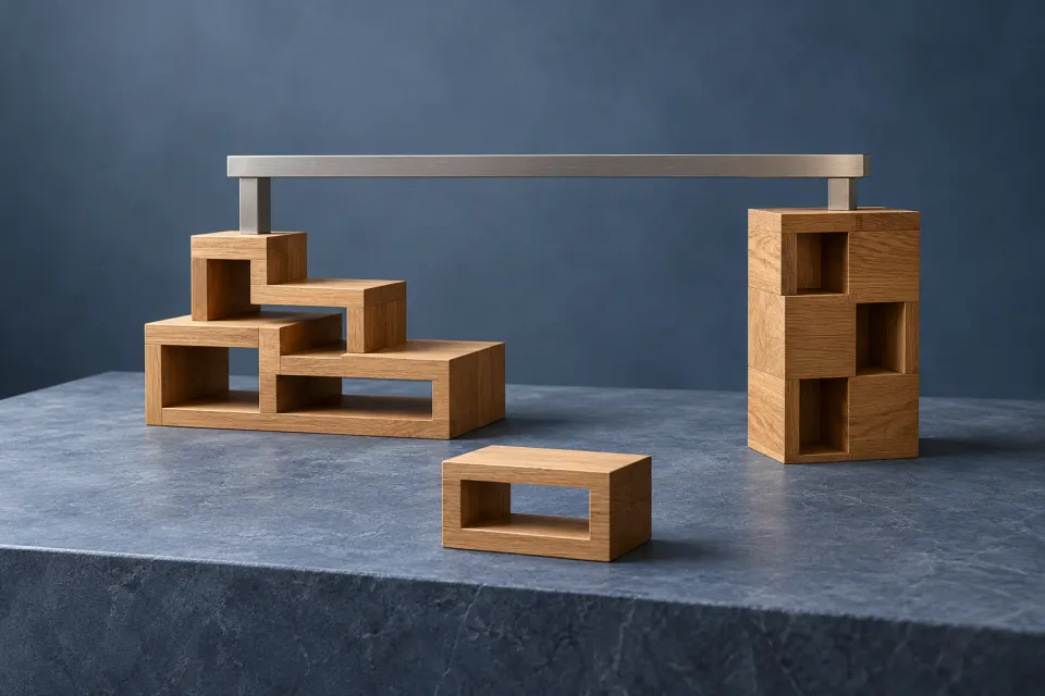 Editorial illustration: Two different wooden structures on the same stone slab beneath one straight metal bar.