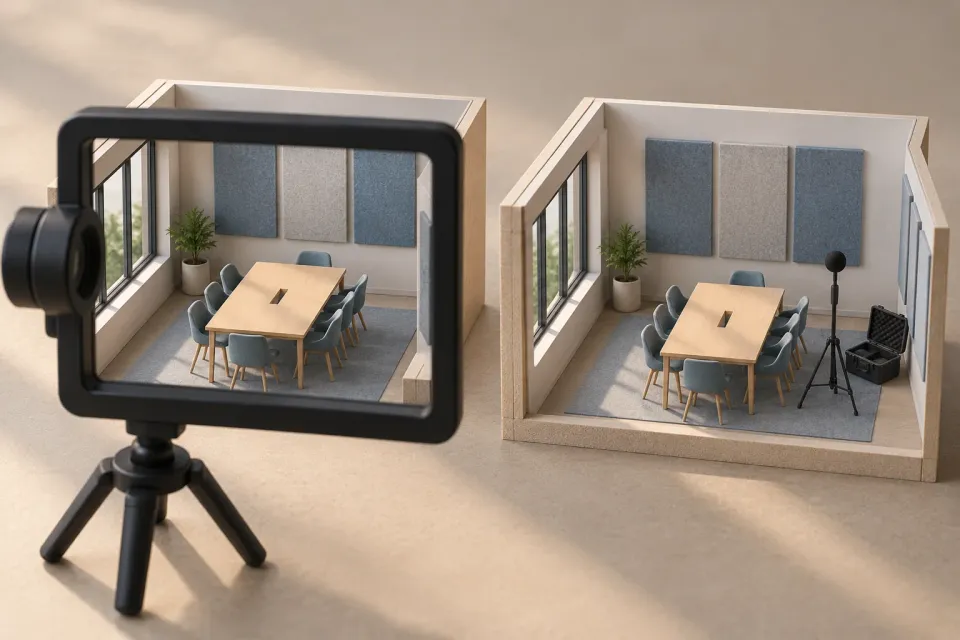 Editorial illustration: Two meeting-room models, one behind a camera frame and one with a tripod microphone and equipment case.