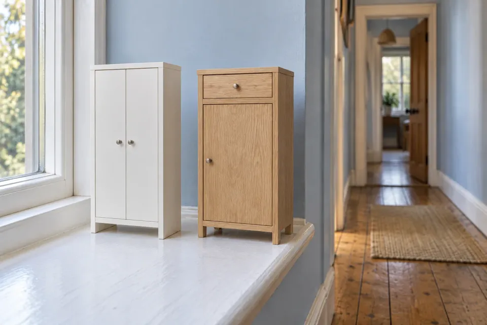 Editorial illustration: Two small cabinet models, one white and one wooden, stand on a window sill beside a narrow hallway.