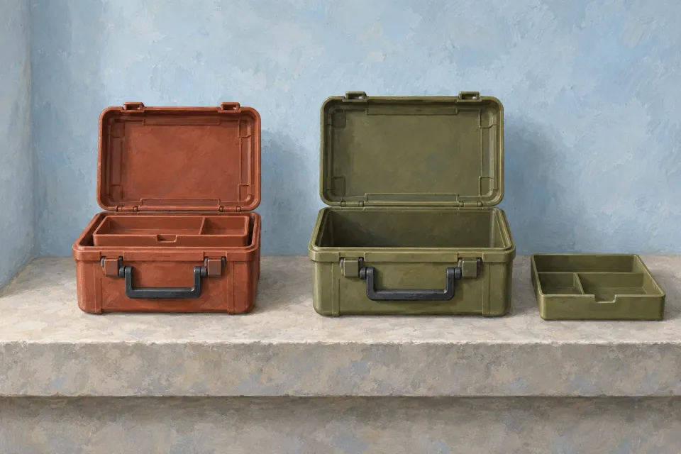 Editorial illustration: Two open storage cases stand side by side, one with a tray inside and the other with its tray placed alongside.