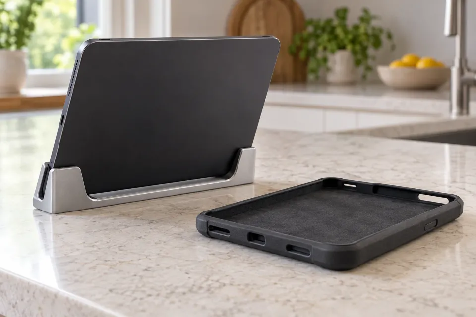 Editorial illustration: A bare tablet sits in a metal holder beside a separate protective case.