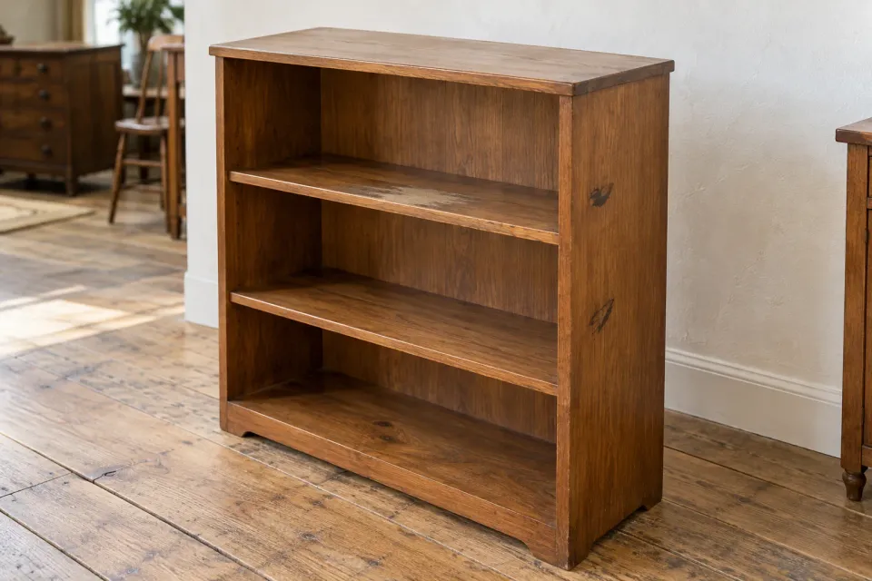 Editorial illustration: An empty wooden bookcase with two dark marks on its right side and a lighter patch on its top shelf.