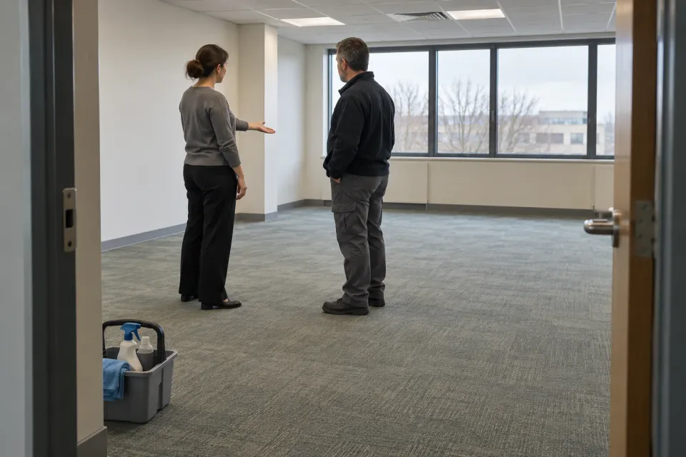 Editorial illustration: Two people look over the floor and space of an empty office with a cleaning caddy by the doorway.