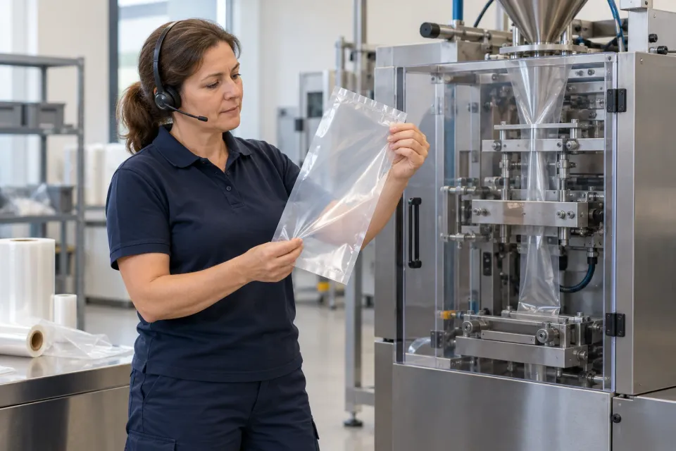 Editorial illustration: An adviser wearing a headset examines transparent packaging material beside a guarded packaging machine.