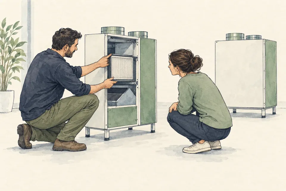 Editorial illustration: A drawn instructor shows a filter in a ventilation unit to a learner.