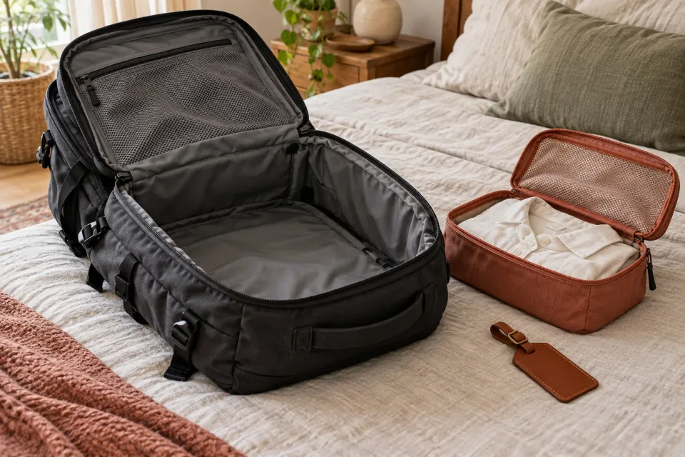 Editorial illustration: An open travel backpack lies on a bed beside a separate packing organiser and a blank luggage tag.