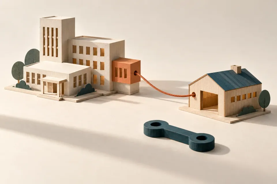 Editorial illustration: A terracotta thread links one wing of a building complex to a small workshop.