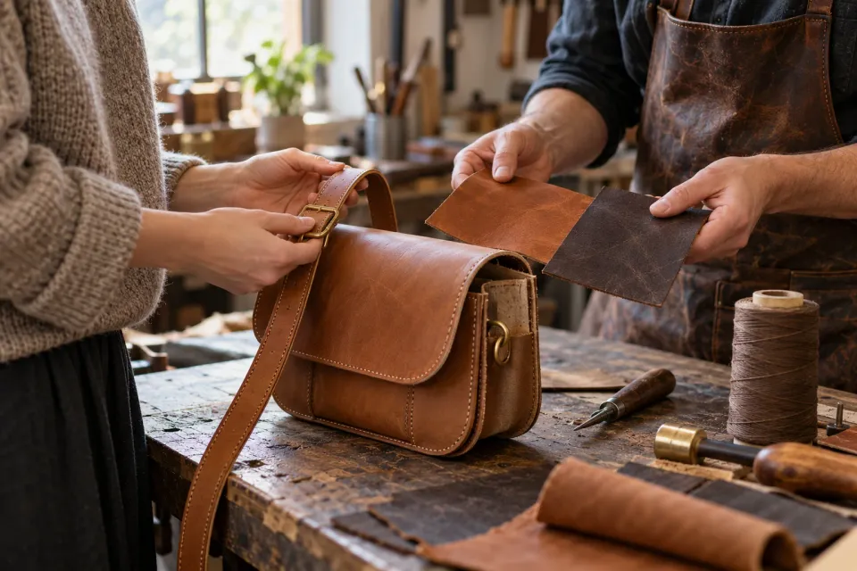 AI-generated illustration of a customer and craftsperson comparing leather samples for a customized bag.