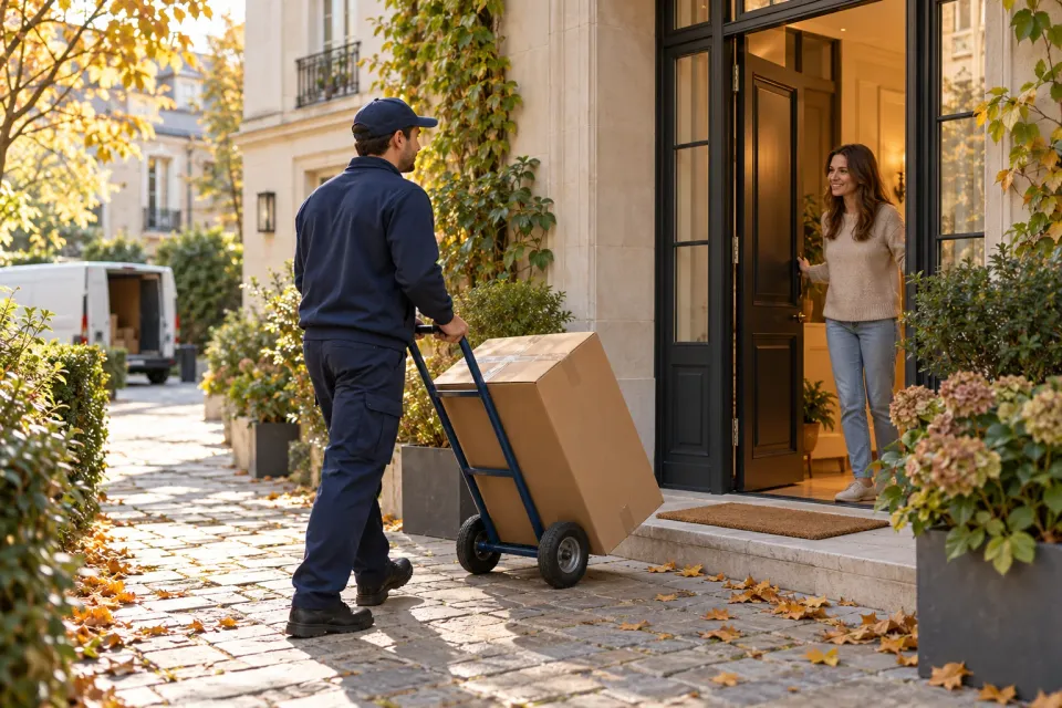 Editorial illustration: a courier wheels a large parcel toward an open doorway where the recipient waits.