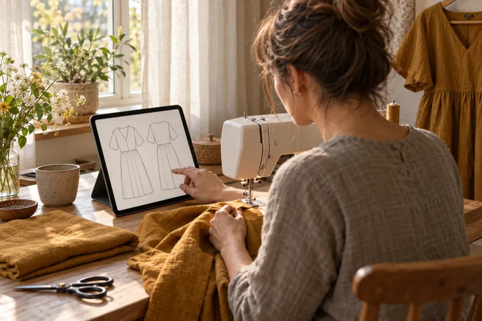 AI-generated illustration of a person using a digital garment pattern on a tablet beside a sewing machine.