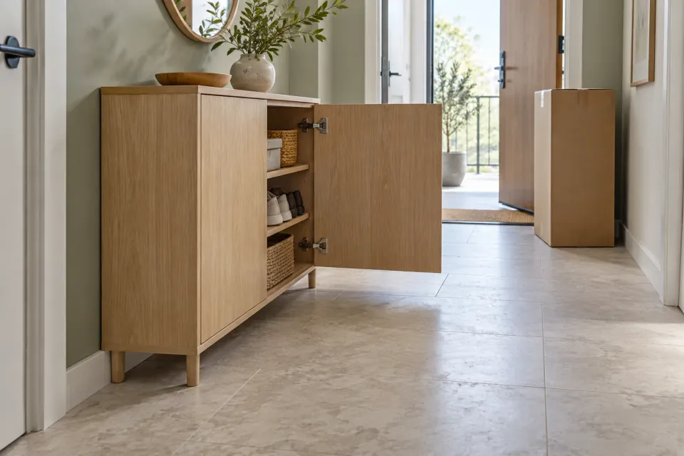 Editorial illustration: A shallow wooden cabinet with an open door in a hallway and a cardboard package by the entrance.