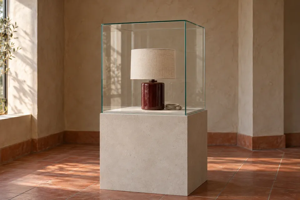 Editorial illustration: A burgundy table lamp with a linen shade and coiled cord stands in a glass case on a plinth.