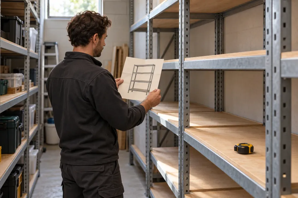 Editorial illustration: A person compares a paper shelving sketch with metal shelving in a narrow storeroom.