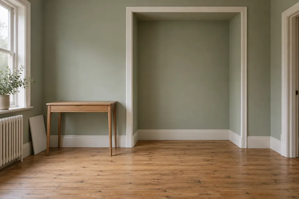 Editorial illustration: An empty wall alcove beside a small wooden desk and a white finish sample in a green room.