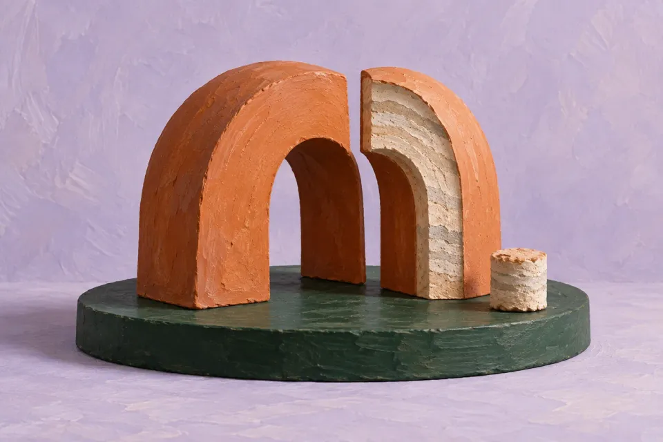 Editorial illustration: A terracotta arch, a matching cutaway and a small material sample stand together on a green plinth.