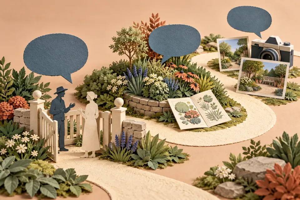 Editorial illustration: Paper figures, a planting bed and garden photographs beside a path with blue speech bubbles.