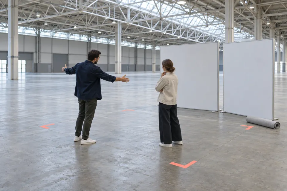 Editorial illustration: Two people assess a floor area marked with coral tape in front of blank display panels in an exhibition hall.