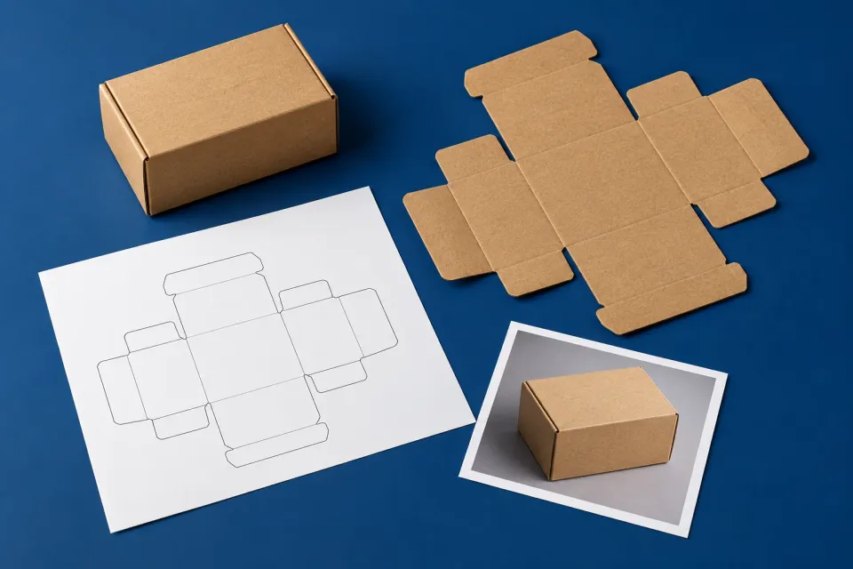 Editorial illustration: A carton, a flat cardboard net, a simple outline drawing and a packaging photograph against blue.