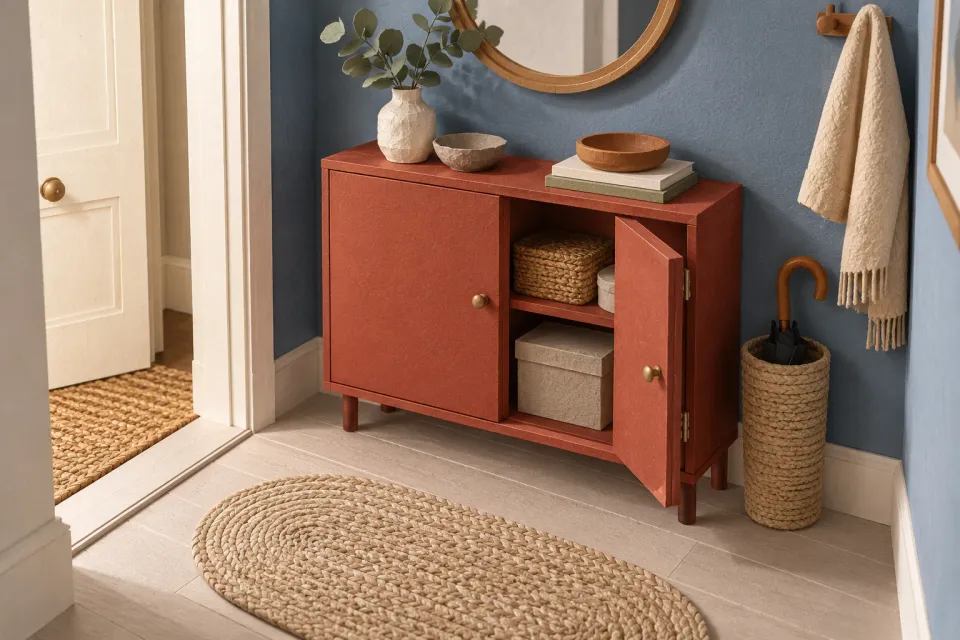 Editorial illustration: A brick-red cabinet with one open door in a hall with a blue wall and an oval rug.