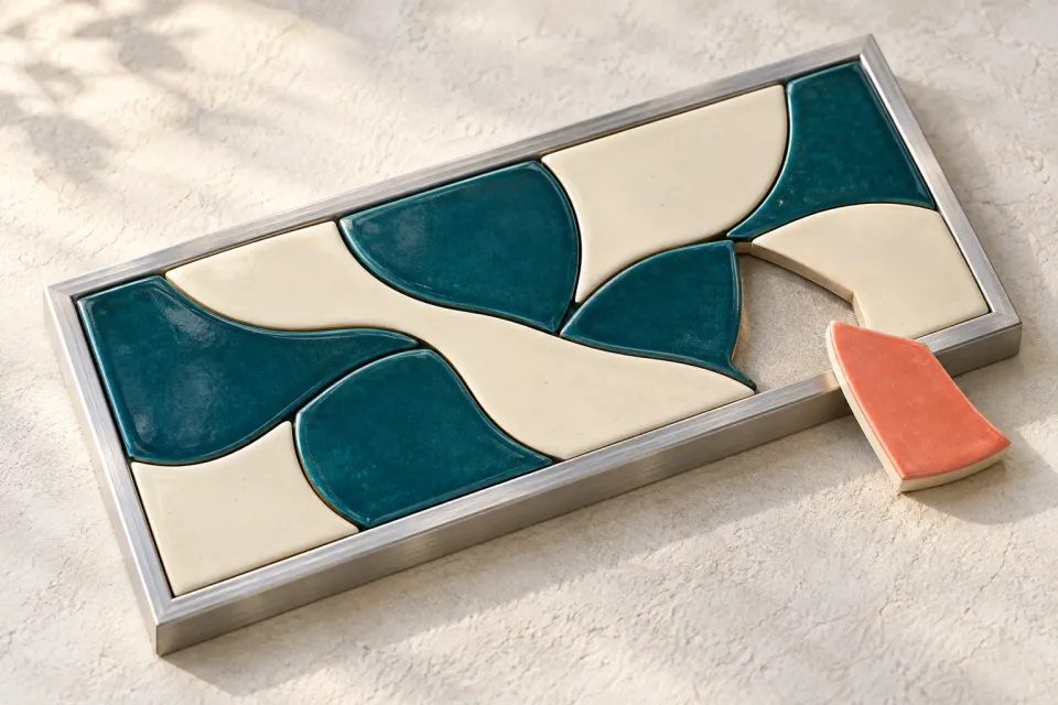 Editorial illustration: A coral ceramic piece rests beside an empty space in an otherwise assembled teal and ivory mosaic.