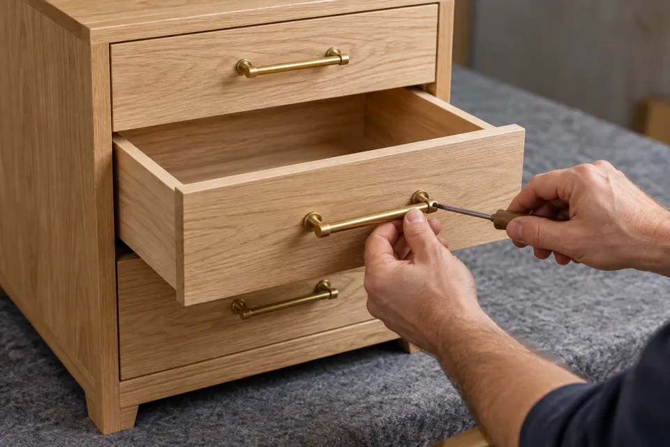 Editorial illustration: Two hands adjust a brass handle on an open drawer in an assembled wooden cabinet.