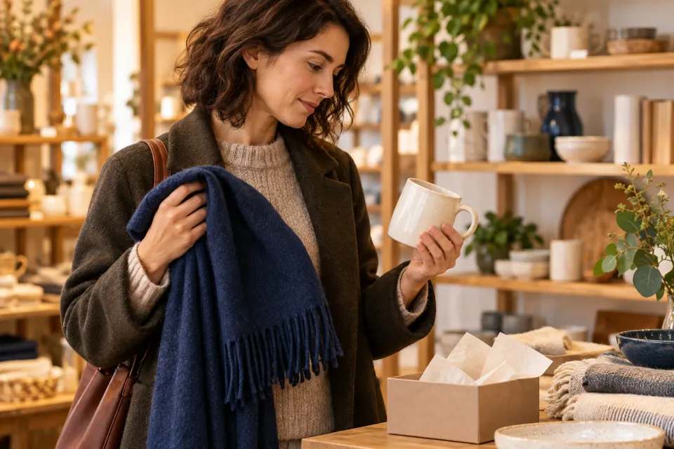 Editorial illustration: a shopper compares a navy scarf with a pale ceramic mug in a shop.