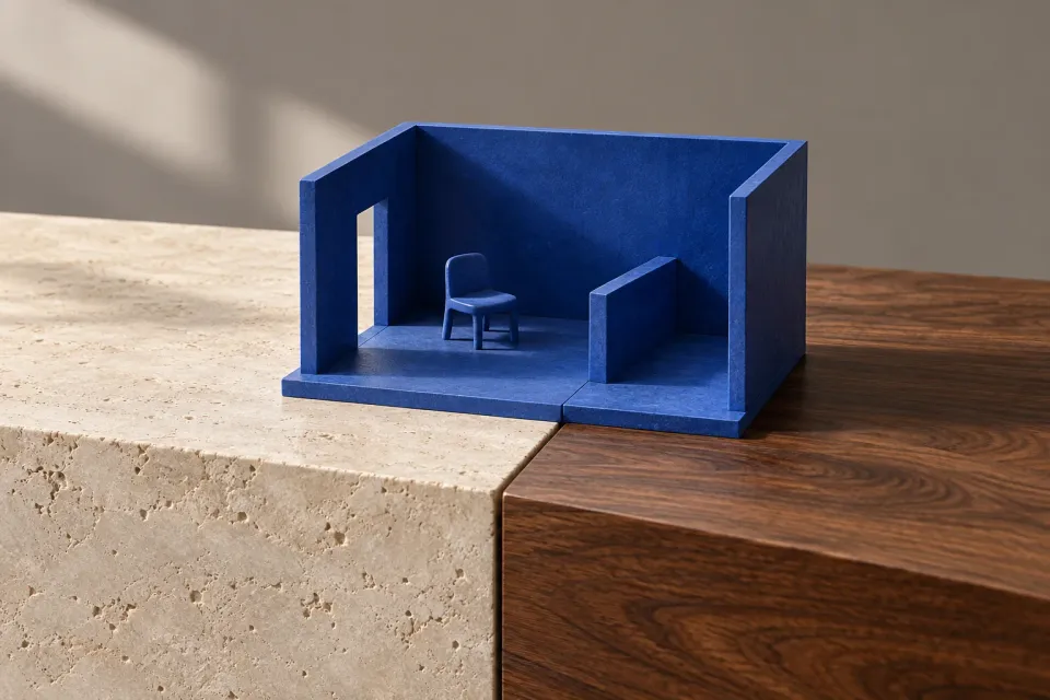 Editorial illustration: A blue room model with a chair and partition spans the join between stone and wood.