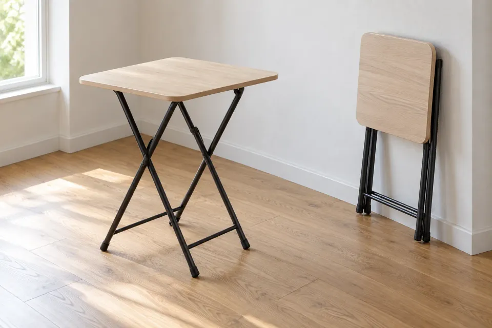 Editorial illustration: Two matching wooden tables with black folding legs are shown, one open and one folded against the wall.