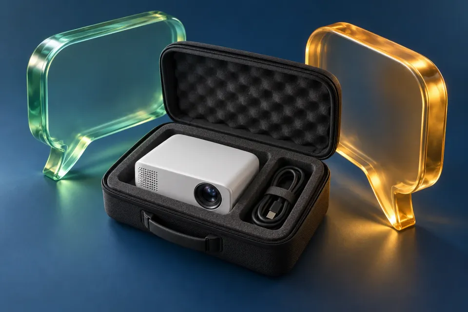Editorial illustration: A projector and cable in a carrying case between two translucent speech bubbles.