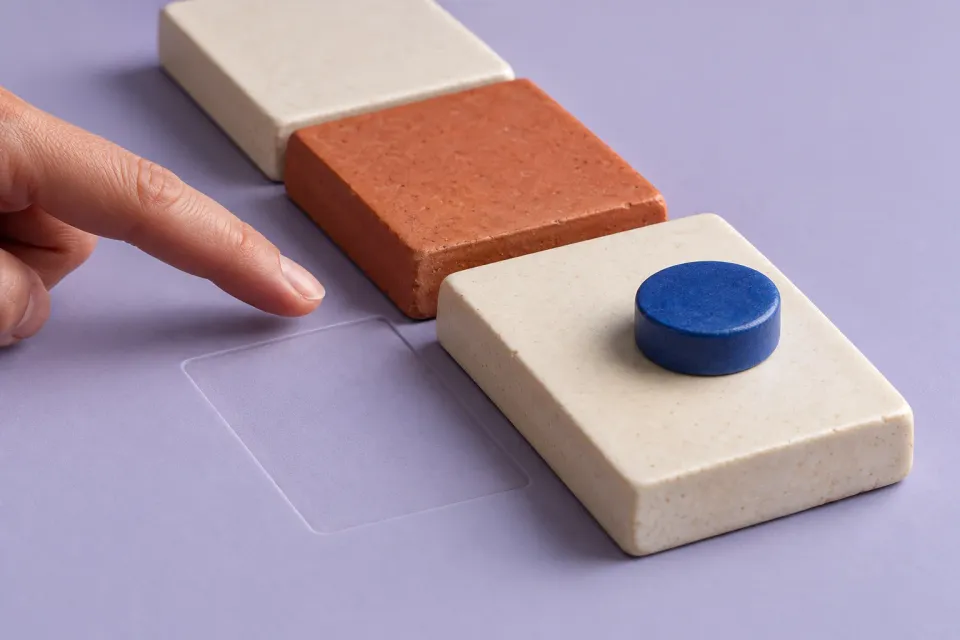 Editorial illustration: A fingertip points toward an empty impression beside a displaced ceramic slab with a blue puck.