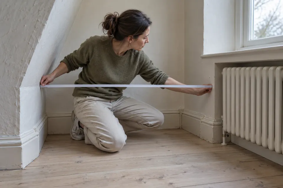 Editorial illustration: A person holds an unmarked measuring strip across an irregular alcove beside a radiator.
