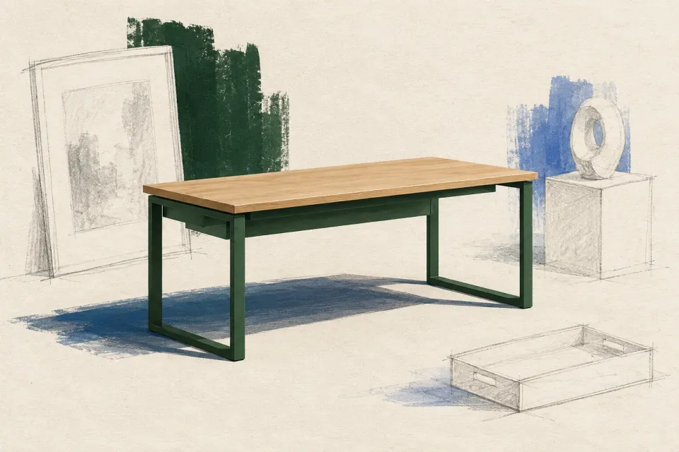 Editorial illustration: A fully coloured desk is surrounded by faint sketches of a frame, a plinth and a tray.