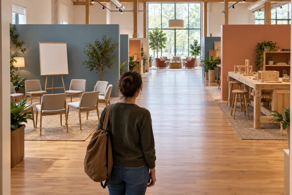Editorial illustration: A person looks into a long training studio with discussion chairs, a workbench and a seating area along a clear central aisle.
